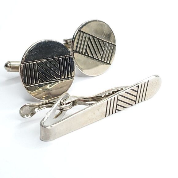 Silvertone Round Circle Cufflinks Tie Clip Geometric Black Stripes Art Deco - Picture 2 of 3